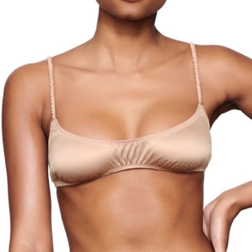 SKIMS Woven Shine Scrunchie Scoop Bralette in “Pink Sand”